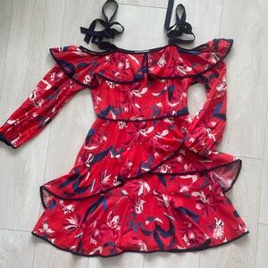 Tanya Taylor Vibrant Red and Navy Floral Cold Shoulder Silk Dress